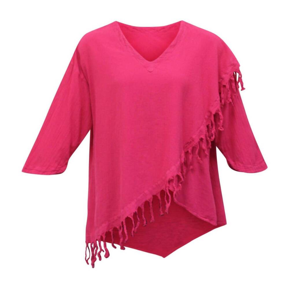 NEW MARIA DE GUADALAJARA women's fringe cotton gauze top in fuchsia